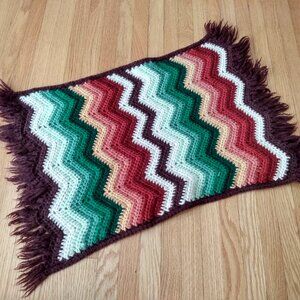 Vintage Crocheted Table Mat Doily Mini Afghan Chevron Handmade Boho Decor